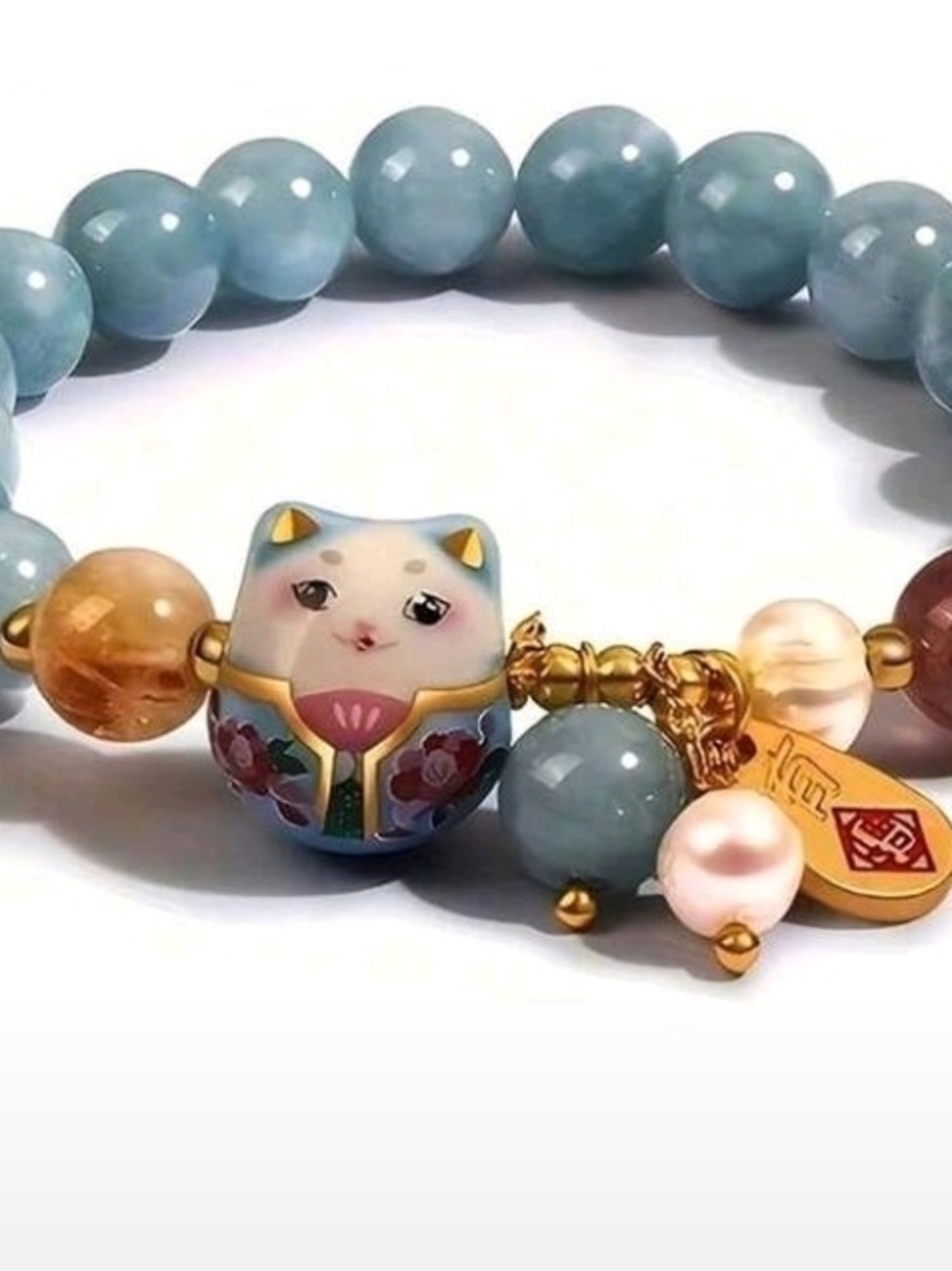 Cute And Stylish Ceramic Lucky Cat Bracelet With Blue Aquamarine Natural Beads